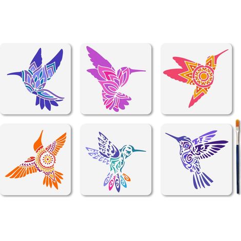 6Pcs Pochoir Colibri 15×15cm Réutilisable Mandala Floral Pochoir pour peinture D'Oiseaux Volants Modèles de Dessin avec Pinceau pour Décoration Murale en Bois Cadeau de Maison (1/5)