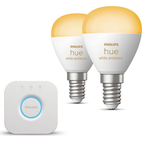 Philips Hue Kit de démarrage E14 avec 2 Ampoules Sphérique Lumière blanche chaude à froide - Comprend 1 Bridge - White Ambiance (1/5)