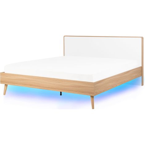 Cama de madera blanca 160 x 200 cm con somier y luces LED cabecero estilo minimalista escandinavo Serris (1/5)