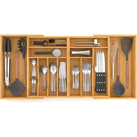 Large Cutlery Range Extends from 21 to 36 Inches Wide Adjustable Kitchen Utensil Rack, Storage for Spoons, Forks and Knives, Bamboo Cutlery Organizer (1/5)