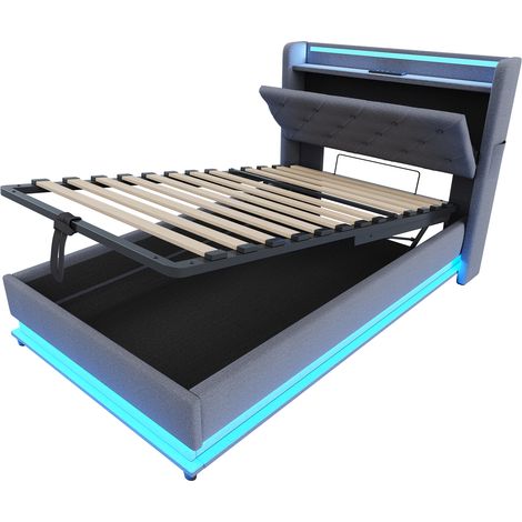 Lit enfant rembourré 90 x 200 cm, avec lumières changeant de couleur et prise USB, tête de lit relevable, rangement hydraulique, pochette pour téléphone, lit simple multifonction, tissu en lin gris (1/5)