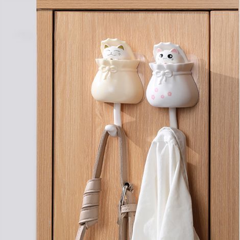 Niedlicher, katzenförmiger Wandhaken, selbstklebend und ohne Bohren, zum Aufhängen von Hüten, Schlüsseln und Handtüchern (weiß). (1/4)