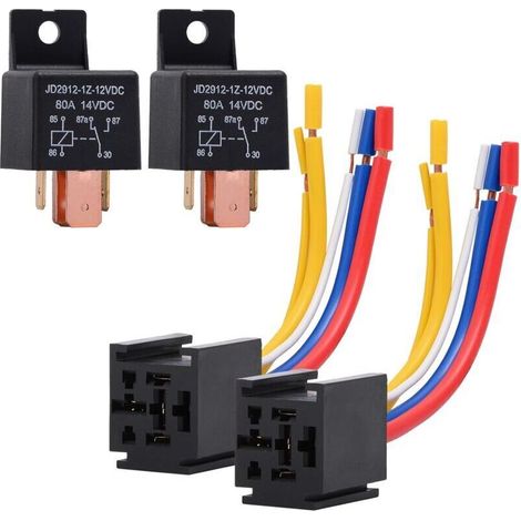 YMYNY Lot de 2 relais de voiture avec faisceau de câbles pour moteur de camion, relais robuste à 5 broches 80 A 12 V, marche/arrêt, prise de relais relais automobile à 5 fils JD2912-1Z-12VDC 80 A 14 V