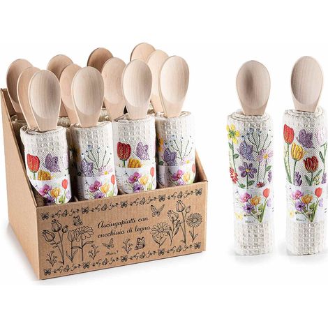 Torchons en coton brodé à motifs floraux et cuillère en bois sur présentoir de 12, lot de 12, torchon : 38 x H. 64 cm