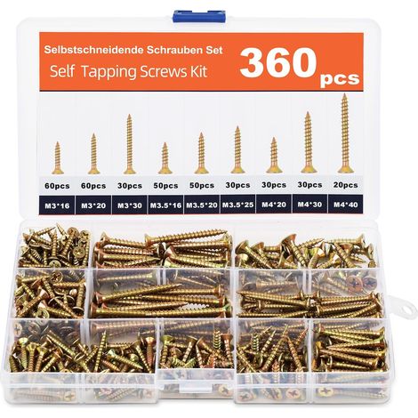 Vis à Bois Autotaraudeuses, Lot de 360 Vis à Bois Tête Fraisée Universelles, M3/M3.5/M4, 16mm-40mm, avec Boîte de Rangement en PP, pour Fenêtres, Terrasses, Toitures, Clôtures (1/5)
