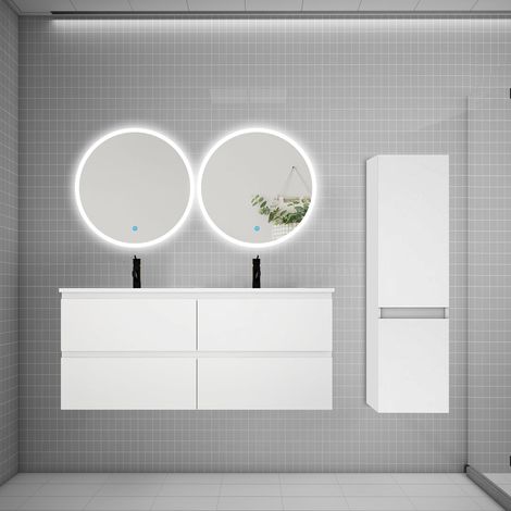 Ensemble meuble double vasque L.120cm 4 tiroirs + lavabo + 2LED miroirs rond 60cm + colonne A,blanc