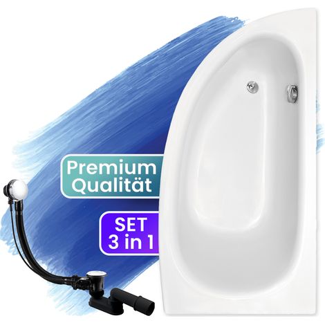 Badewanne Eckbadewanne 150x70 Rechts, Ablaufgarnitur & Füßen GRATIS - Komplettset 3in1 Original Acryl Wanne Premium Siphon - BADLAND MILENA (1/5)
