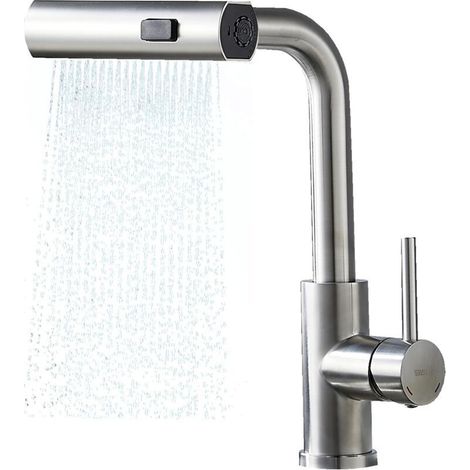 Robinet de cuisine avec douchette extractible, 3 types de jet, robinet d'évier pivotant à 360°, mitigeur en acier inoxydable SUS304, brossé (1/5)