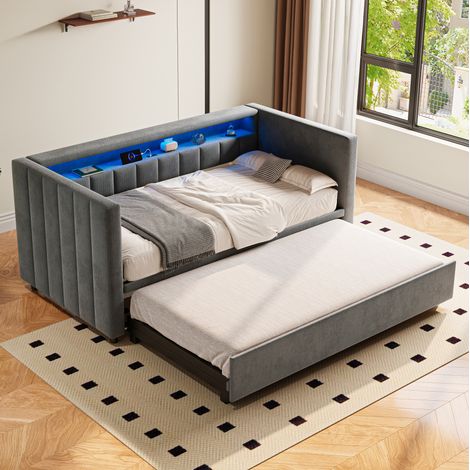 Cama nido sofá moderna 90x190 cm, extensible, terciopelo gris oscuro, con cabecero, LED y USB-C (1/5)
