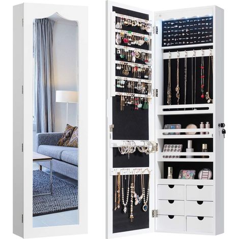Armoire à bijoux avec éclairage LED, 6 tiroirs et miroir, armoire suspendue pour porte et montage mural, verrouillable (blanc) (1/5)