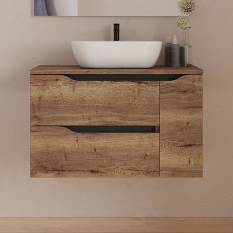Meuble de salle de bain 80cm avec plateau et vasque à poser centrée Zeus - sans miroir - 2 tiroirs et un placard - tabaco (bois foncé) - ZARZA