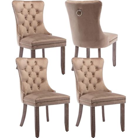 Lot de 4 chaises de salle à manger en velours, capitonnées, dossier haut, pieds bois massif (1/5)