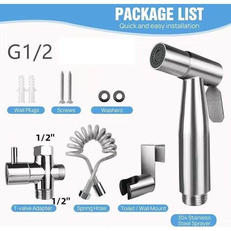 Kit de bidet portable pour toilettes, comprenant un ensemble de douchette en acier inoxydable avec vanne à 3 voies et tuyau rétractable à ressort.