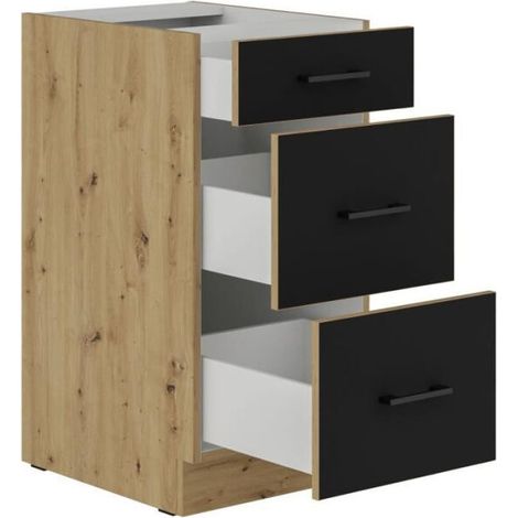 Casserolier de cuisine 3 tiroirs – Dimensions 40 x 52 x 82 cm – Finition chêne artisan et noir mat – Idéal pour rangement efficace (1/2)