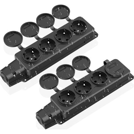 Prise Extérieure Étanche à 4 Compartiments Avec Couvercles à Charnières - 2 Pièces Multiprise Pour Pièce Humide, IP54 Pour Jardin - Noir (Sans Câble) (1/5)