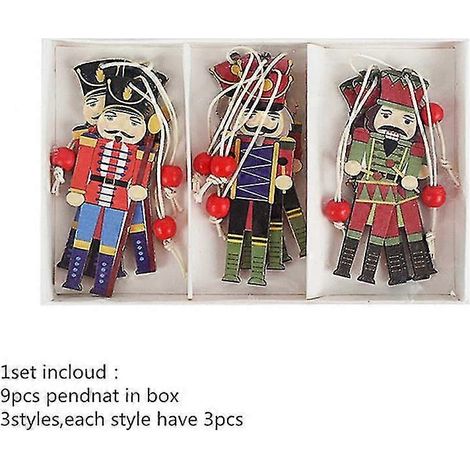Lot de 9 marionnettes Casse-Noisette, décorations de Noël en bois, soldats de noyer, pendentifs pour sapin, ornements à suspendre, cadeau pour enfants. (1/5)
