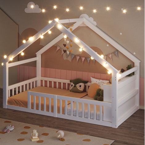 Letto a casetta per bambini 90x190 cm in legno bianco con ripiani, FloraGrace (1/5)