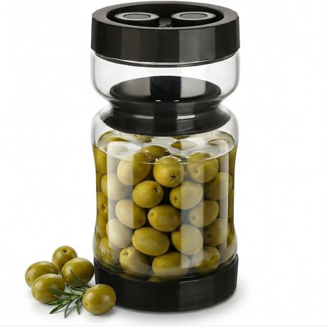 930ml Pot Cornichon en Verre Hermétique Noir, Bocal en Verre Borosilicaté, Double Paroi Réversible pour Cornichons, Olives et Conservation Alimentaire (1/5)