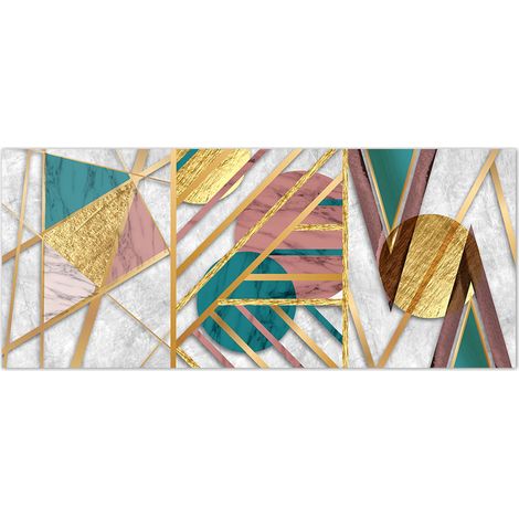 Lupia - Quadro Moderno Canvas World  Stampa su Tela PVC  Geometrie Astratte in Verde, Rosa e Oro  Telaio in Fibra di Legno, 52x122 cm, per soggiorno, capezzale camera da letto, ufficio (1/4)