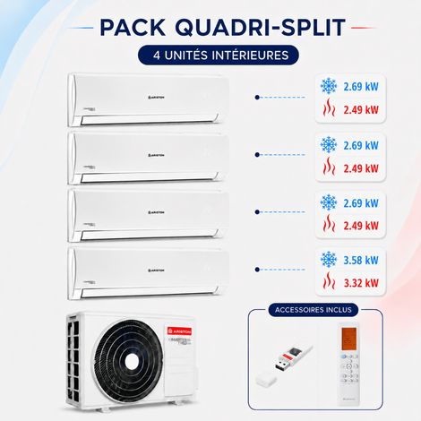 Ariston Group – Climatisation multisplit réversible Quad 110 – 1 unité extérieure + 3 unités intérieures Alys Net 25 et 35 – Puissance jusqu’à 3,58 kW – Fonction ECO (1/5)