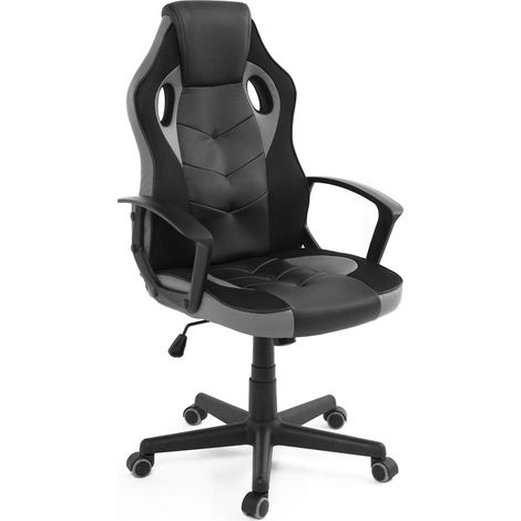 Chaise de jeu junior e-sport, siège pivotant en similicuir et maille respirante, appui-tête double rembourrage, hauteur réglable, pivotement à 360°, roulettes souples Sena (noir et gris) (1/5)