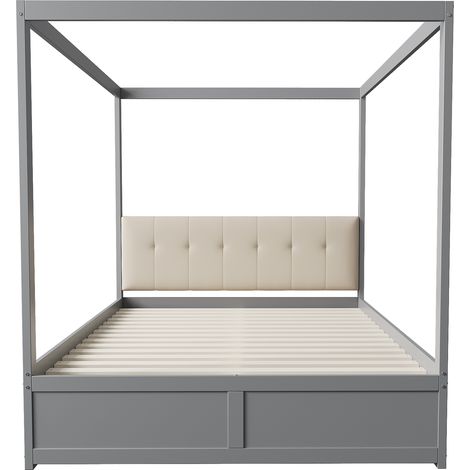Lit cabane 140x200 gris, lit en bois avec grands tiroirs et dossier rembourré, structure robuste pour chambre d'enfant ou d'adolescent. (1/5)