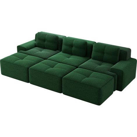 Divano angolare modulare senza braccioli, velluto a coste verde, 3 posti, letto, 3 moduli (1/5)