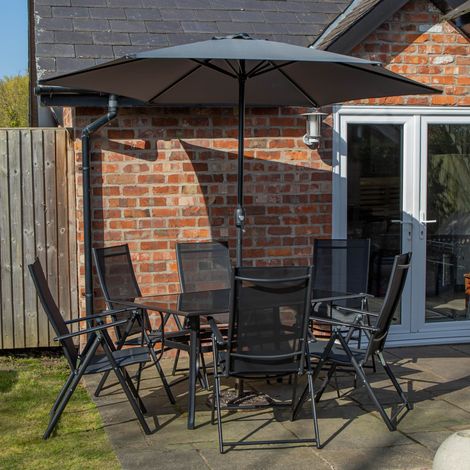 Outdoor 6 Person Rectangular Glass Top Garden Dining Table Chairs With Grey Havana Parasol and Base Set (1/5)