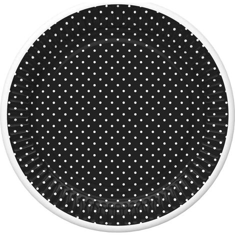 Piatti neri con pois bianchi per compleanno, 18 cm, 8 pezzi