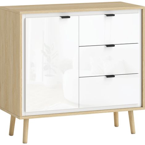 GagaBuffet salon meuble de rangement armoire de cuisine placard à 2 portes 3 tiroirs et étagère réglable, 80x35x77cm, blanc (1/5)