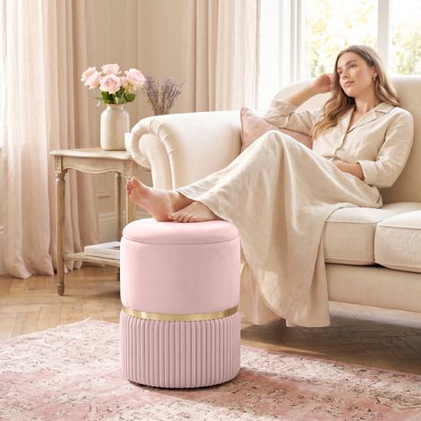 Pouf velours côtelé rose 36x36x44 cm, repose-pieds avec coffre de rangement pour salon et chambre (1/5)