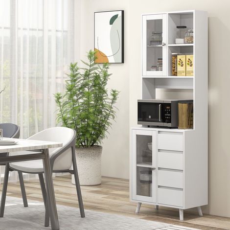 Alacena de Cocina Aparador con 2 Puertas de Vidrio Compartimentos 4 Cajones y Estantes Ajustables 60x35x180 cm Blanco (1/5)