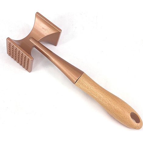 1 marteau à viande, attendrisseur de viande robuste, marteau à steak avec manche en bois et alliage de zinc de qualité alimentaire, marteau de cuisine 2 en 1, 26 cm (doré) (1/3)