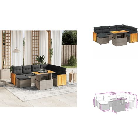 Salon de jardin 8 pcs avec coussins gris résine tressée - Ensemble Salon De Jardin - Mobilier Extérieur - Résine Tressée - Rotin Synthétique - Table Extensible (1/3)