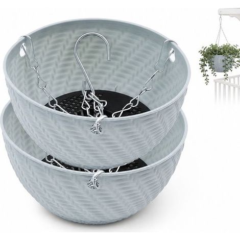 Lot de 2 pots de fleurs suspendus, jardinières légères en plastique avec motif tressé, pour balcon et terrasse (1/5)