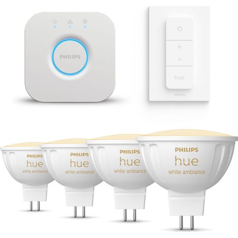 Philips Hue Kit de démarrage GU5.3 avec 4 Spots (MR16) 12 V Lumière blanche chaude à froide - Comprend 1 Bridge, 1 Variateur de lumière - White Ambiance (1/5)