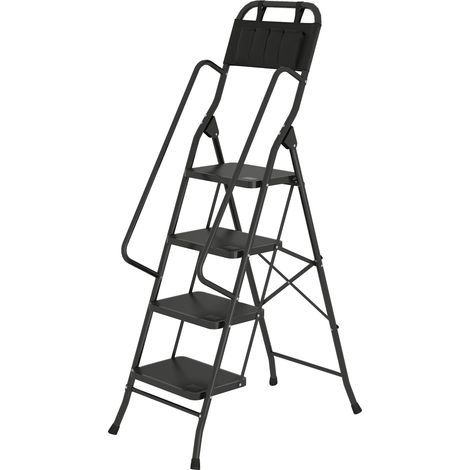 Escalera plegable 4 peldaños con bolsa de herramientas, tijera, antideslizante, negro