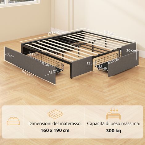 Cadre de lit double côtelé (avec 3 tiroirs), bois, polyester, métal, 160 x 190 cm, gris (1/5)