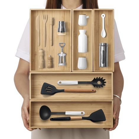 Lot de 5 organiseurs de tiroir empilables en bambou laminé pour ustensiles de cuisine, couverts et argenterie, boîte de rangement empilable pour cuisine, chambre à coucher, salon (1/5)