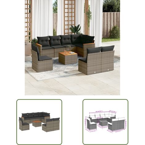 The Living Store 9-tlg. Garten-Sofagarnitur mit Kissen Grau Poly Rattan - Gartenmöbel Set - Gartensorte - Outdoor Möbel - Lounge Sofa - Esstisch (1/3)