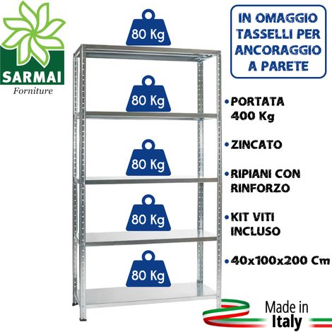 KIT SCAFFALE SCAFFALATURA METALLO ZINCATO 5 RIPIANI RINFORZO 100x40x200 400 Kg (1/2)