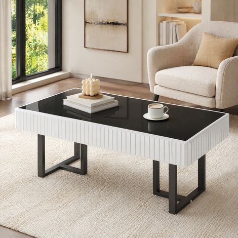 Mesa de centro (110x50.5x41 cm) minimalista, tablero negro brillo, estructura de hierro, MDF y tablero de partículas, blanco y negro (1/5)