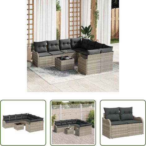vidaXL Poly-Rattan - Gartensofa-set mit Kissen 9 pcs Hellgrau Poly-Rattan