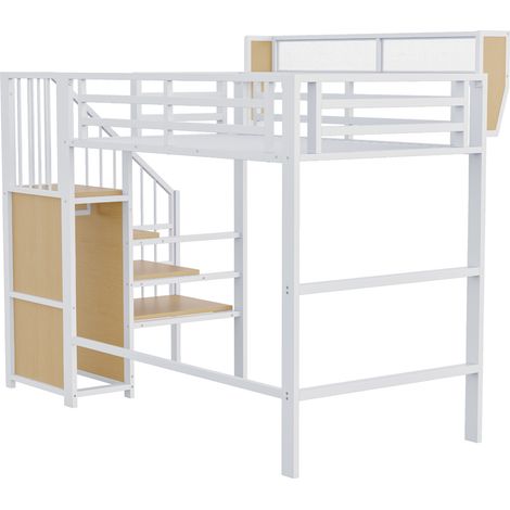 Letto a soppalco 90 x 200 cm in metallo e MDF bianco con scala e ripiano MODENUIT (1/5)