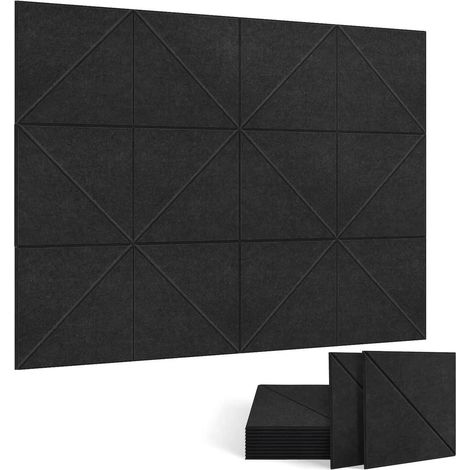 Lot de 12 panneaux acoustiques auto-adhésifs, rembourrage insonorisant en polyester, panneaux muraux insonorisants haute densité, 30 x 30 x 1 cm, noir (1/5)