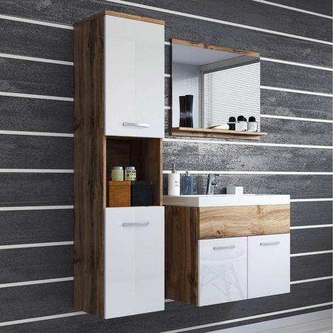Deco In Paris – Ensemble de meubles salle de bain suspendu – Bois effet chêne et blanc – Meuble lavabo 60 cm avec rangements – Colonne haute 5 compartiments (1/5)