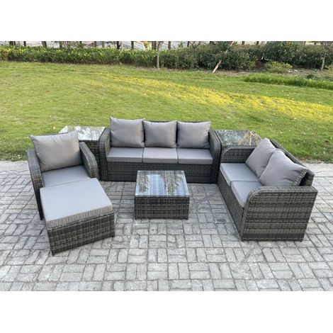 Fimous Rattan-Gartenmöbel 7 Stück Terrassenset mit Tisch und Sofa Quadratischer Couchtisch Liegestühle Loveseat Sofa 2 Beistelltischen 2 Großer Hockern (1/5)