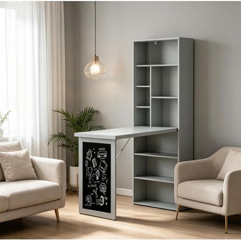 Escritorio plegable de pared con estantería y pizarra, 9 compartimentos, MDF negro y gris oscuro, para despacho y espacios pequeños – CHICFURN, carga total 60 kg (1/5)