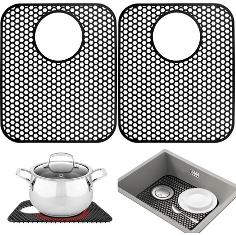 Lot de 2 tapis de lavabo rectangulaires en silicone noir, 35 x 30 cm, pour lavabo de 40 x 50 cm. (1/5)