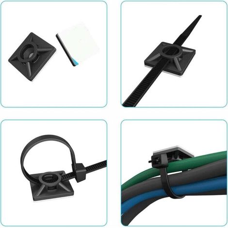 100 Pièces Embases Adhesive pour Attache de Cable, 20mm x 20 mm, Noir, Serre-Câbles Auto Adhésif, Support de Serre Câble Plastique, Embase pour Collier de Serrage